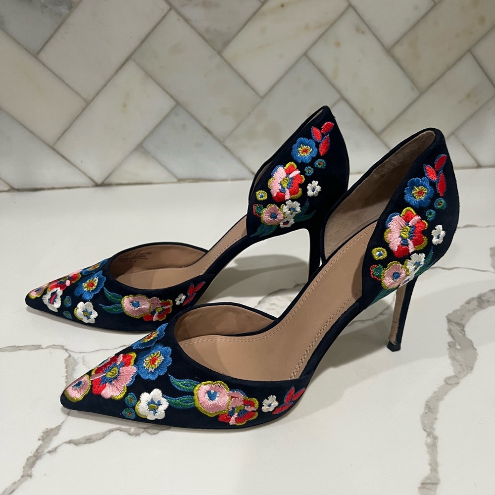 Tory Burch Navy Floral Embroidered Heels